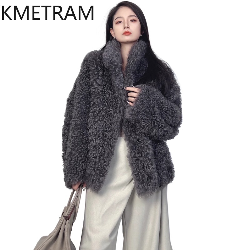 Wool Coat Peacoat - Natural Wool Sheepskin Double Faced Fur